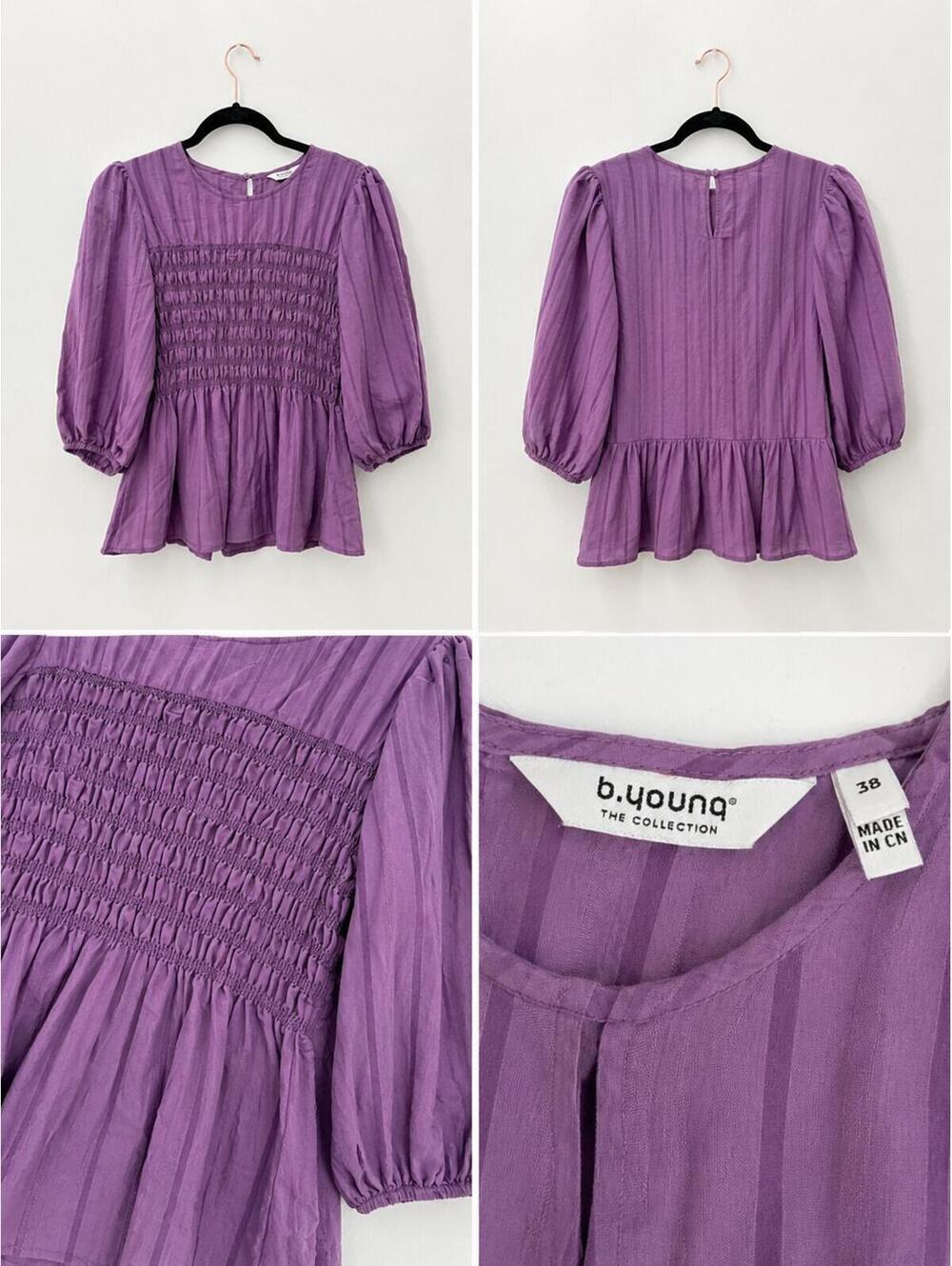 b.young Lavender Smocked Peplum Blouse Puff Sleeve Textured Top Size 38